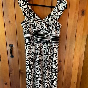 sleeveless V-neck and V-back beautiful dress. Black & White. Below knee length.